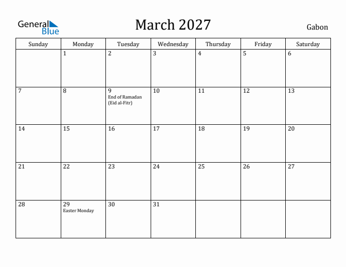 March 2027 Calendar Gabon