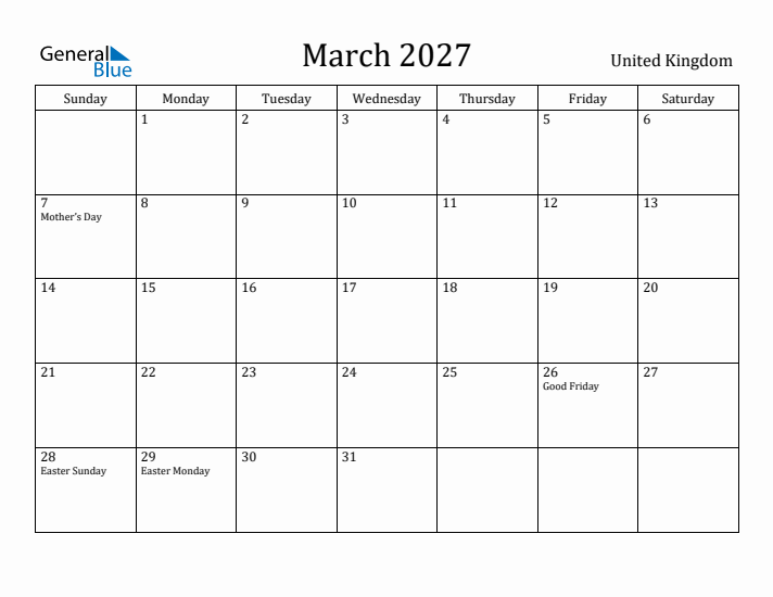March 2027 Calendar United Kingdom