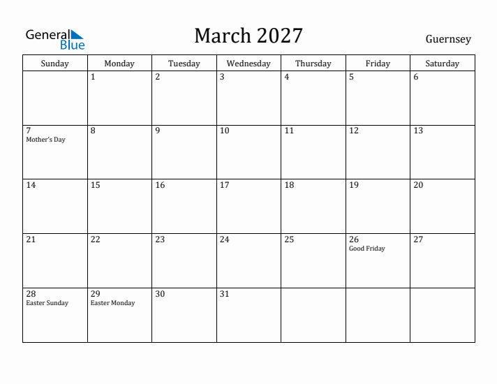 March 2027 Calendar Guernsey