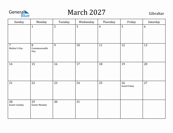 March 2027 Calendar Gibraltar