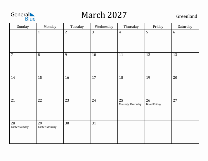March 2027 Calendar Greenland