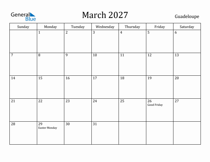 March 2027 Calendar Guadeloupe
