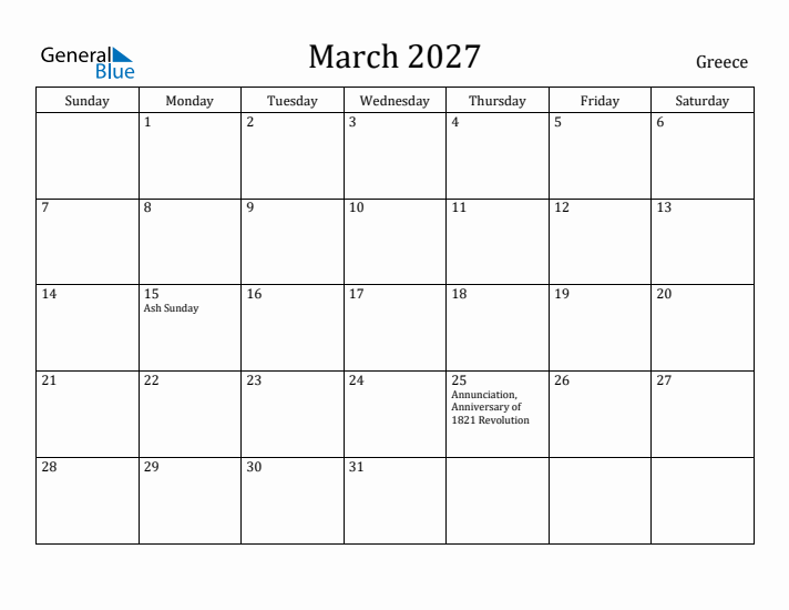 March 2027 Calendar Greece