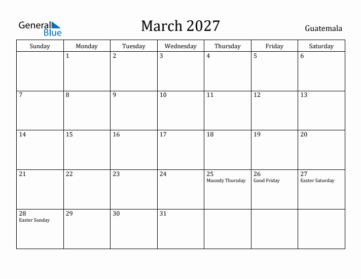 March 2027 Calendar Guatemala