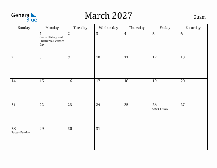 March 2027 Calendar Guam
