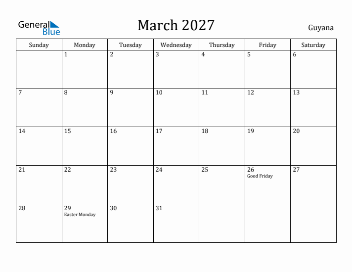 March 2027 Calendar Guyana