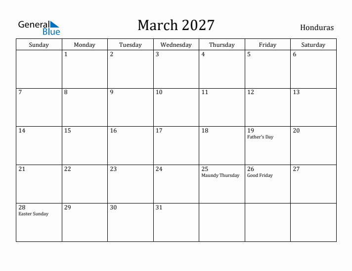 March 2027 Calendar Honduras