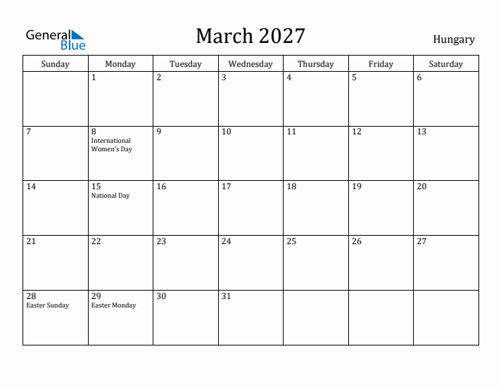March 2027 Calendar Hungary