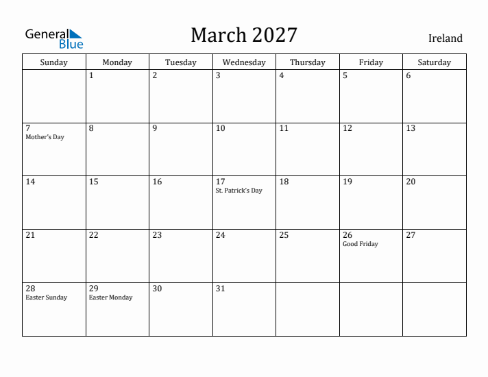 March 2027 Calendar Ireland