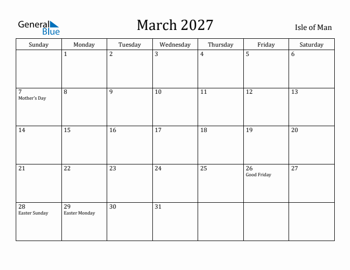 March 2027 Calendar Isle of Man