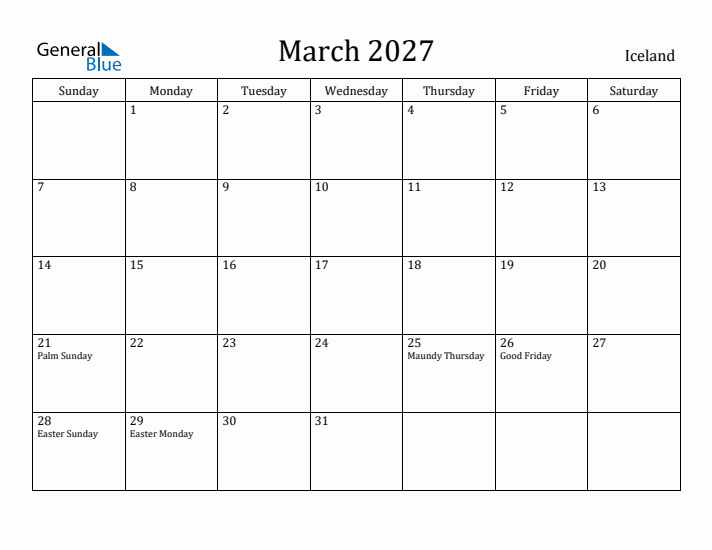 March 2027 Calendar Iceland
