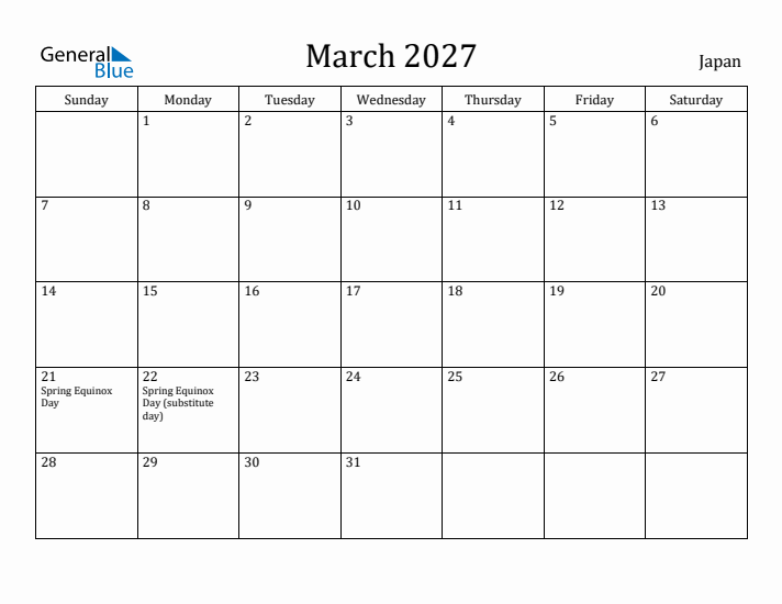 March 2027 Calendar Japan