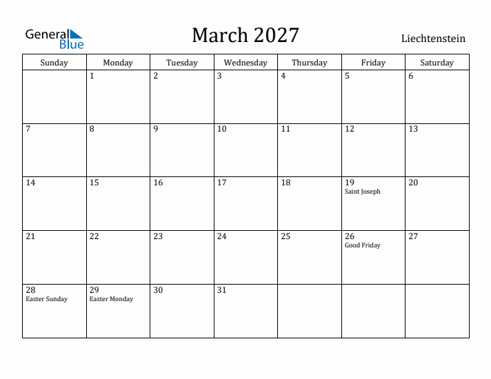 March 2027 Calendar Liechtenstein