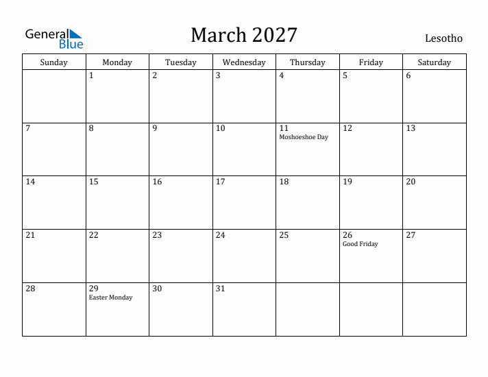 March 2027 Calendar Lesotho