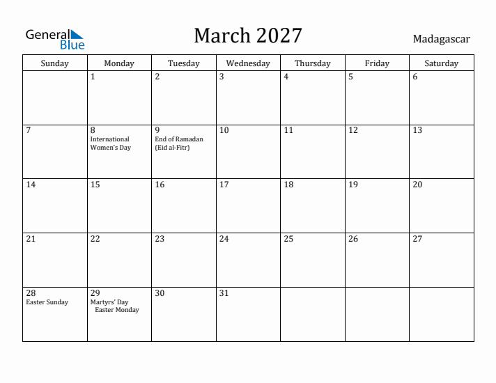 March 2027 Calendar Madagascar