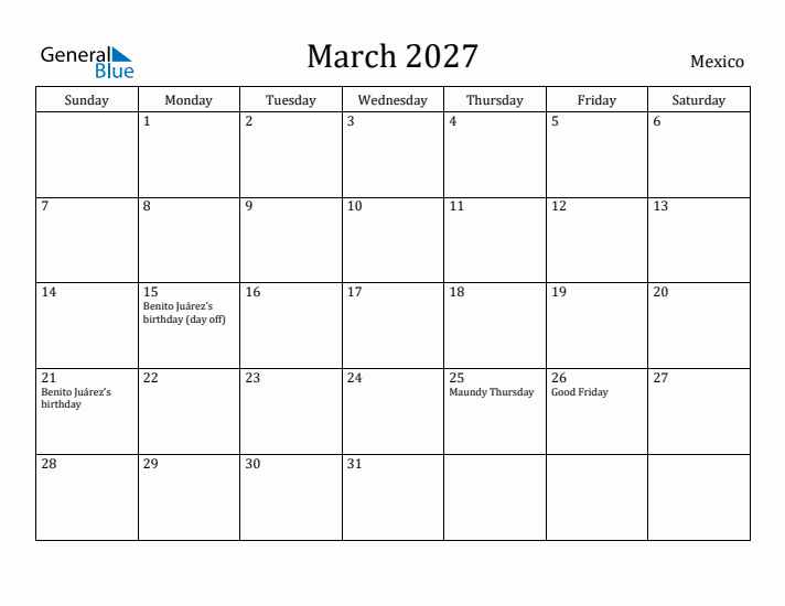 March 2027 Calendar Mexico