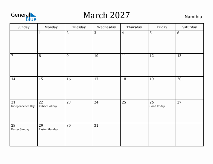 March 2027 Calendar Namibia