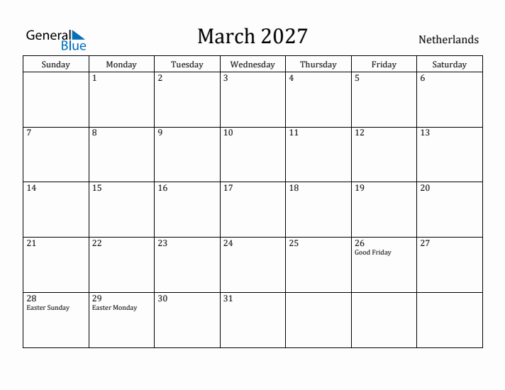 March 2027 Calendar The Netherlands