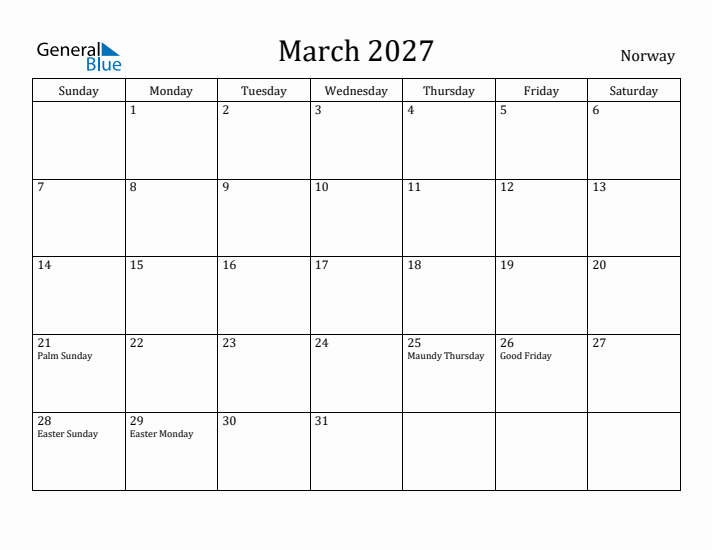 March 2027 Calendar Norway