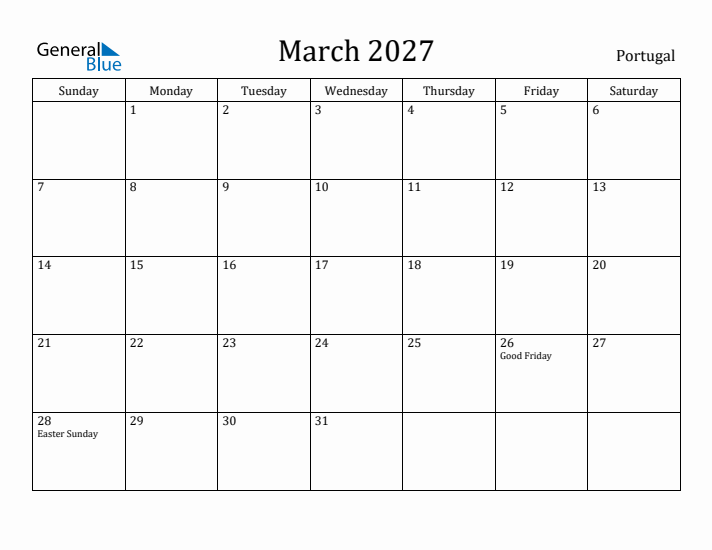 March 2027 Calendar Portugal