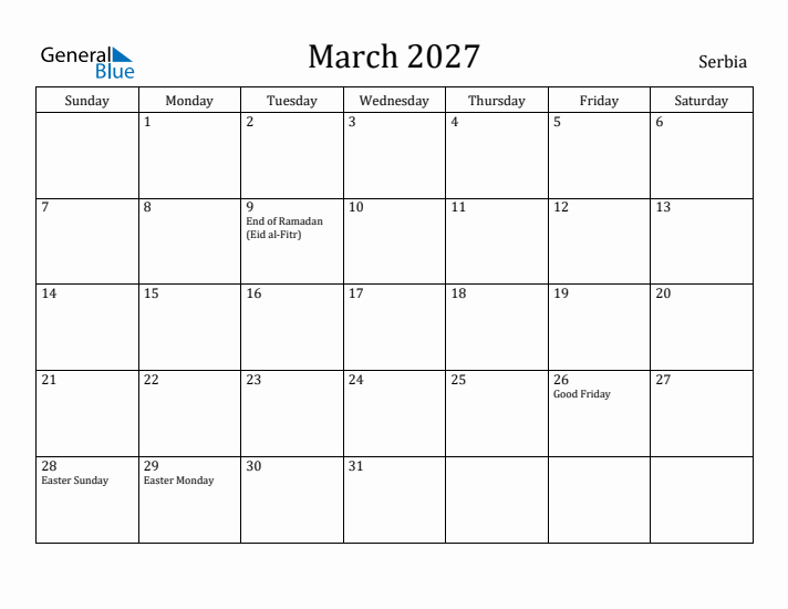 March 2027 Calendar Serbia