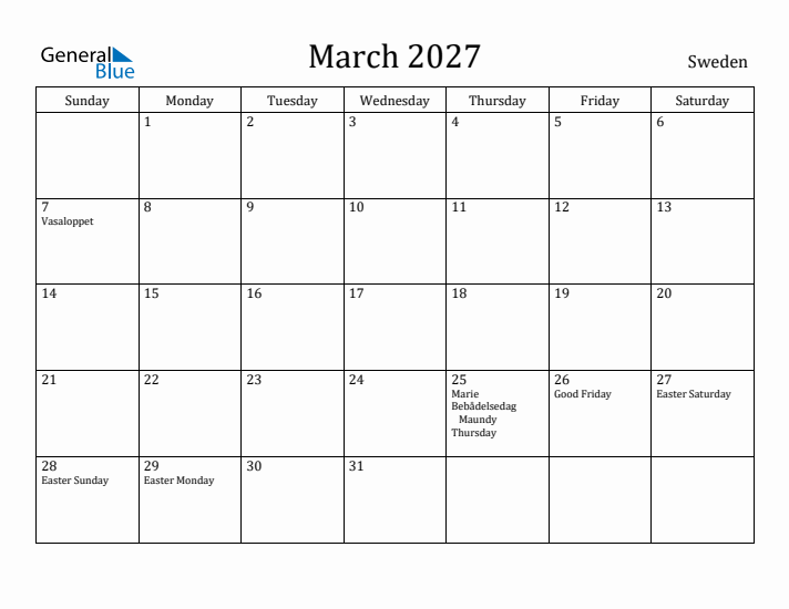 March 2027 Calendar Sweden