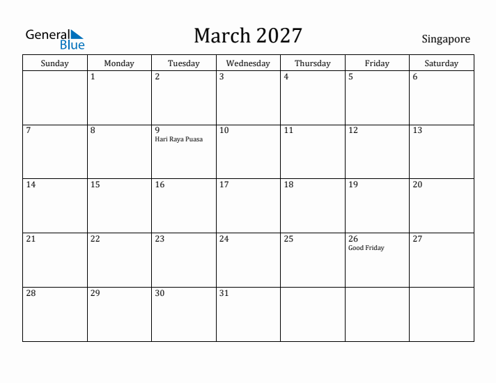 March 2027 Calendar Singapore