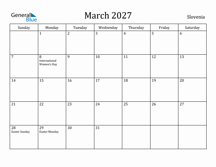 March 2027 Calendar Slovenia