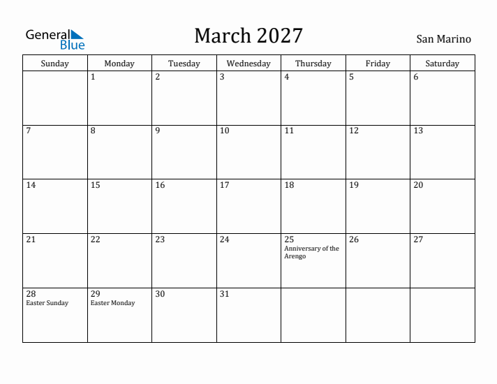 March 2027 Calendar San Marino