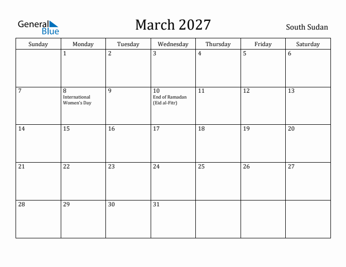 March 2027 Calendar South Sudan