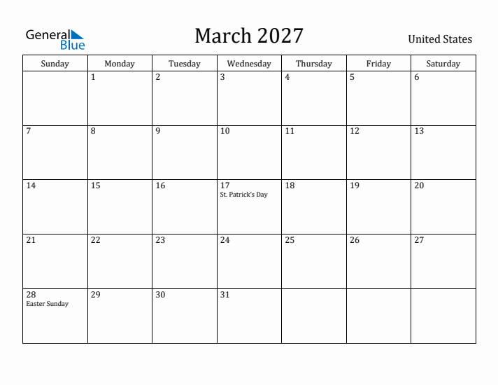 March 2027 Calendar United States
