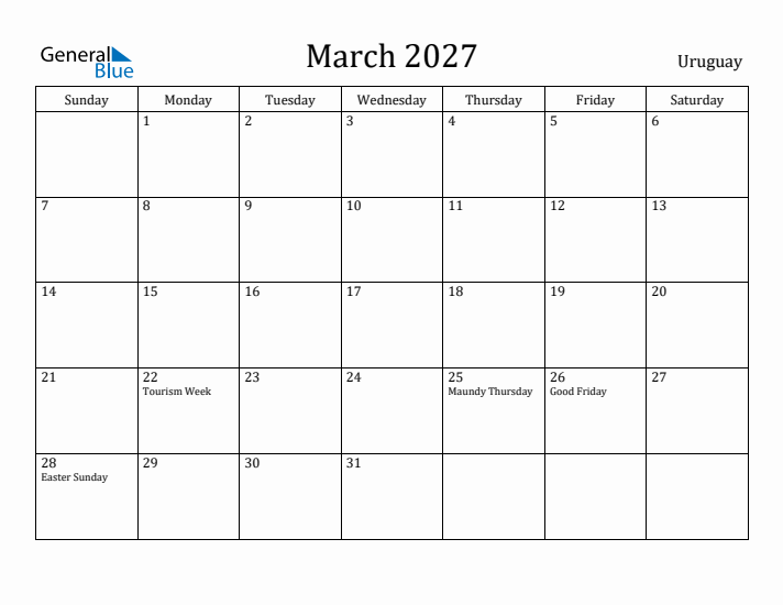 March 2027 Calendar Uruguay