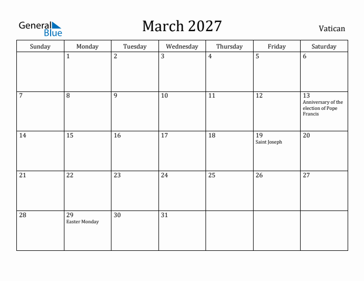 March 2027 Calendar Vatican
