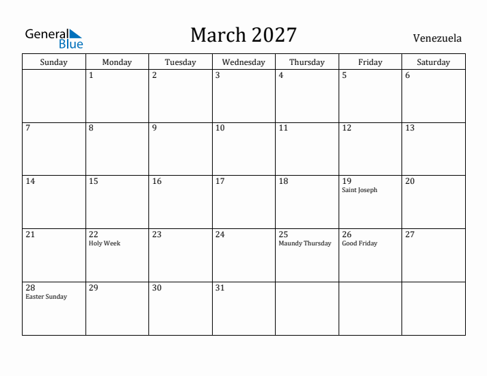 March 2027 Calendar Venezuela