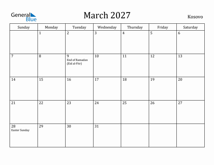 March 2027 Calendar Kosovo