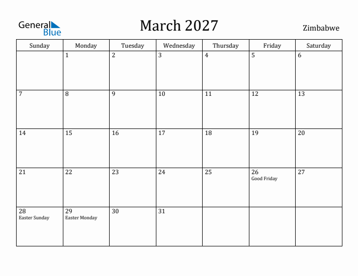 March 2027 Calendar Zimbabwe
