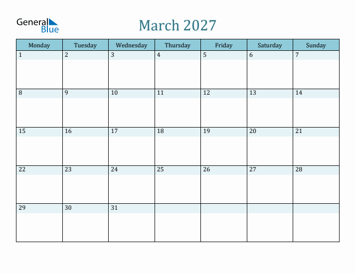 March 2027 Printable Calendar