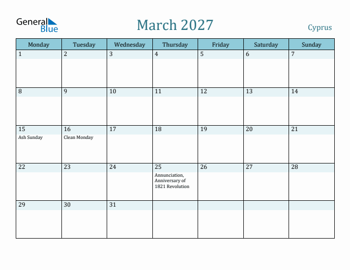 March 2027 Calendar with Holidays