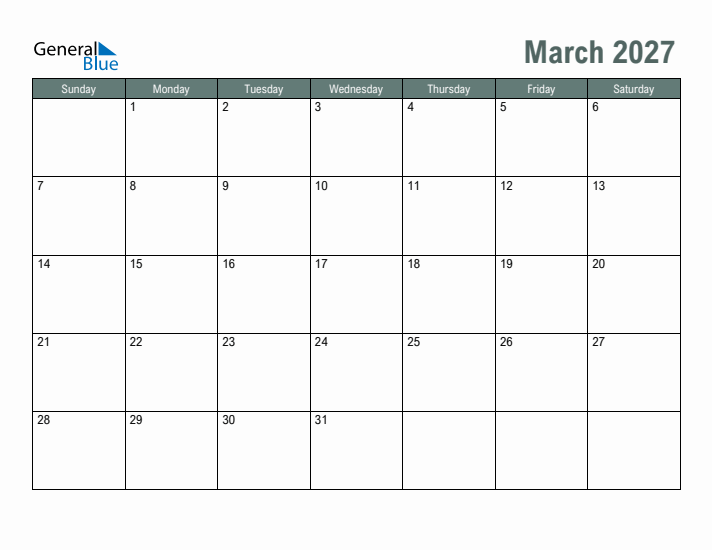Free Printable March 2027 Calendar