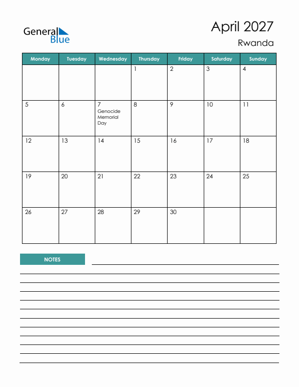 Calendar with Notes Printable - Monday Start