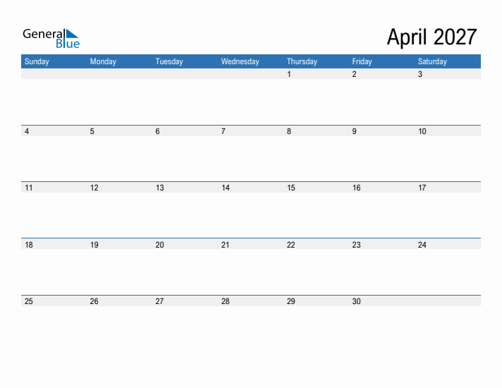 Fillable Calendar for April 2027