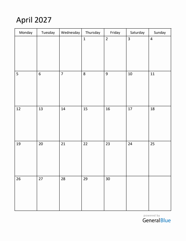 Monday Start Calendar for April 2027