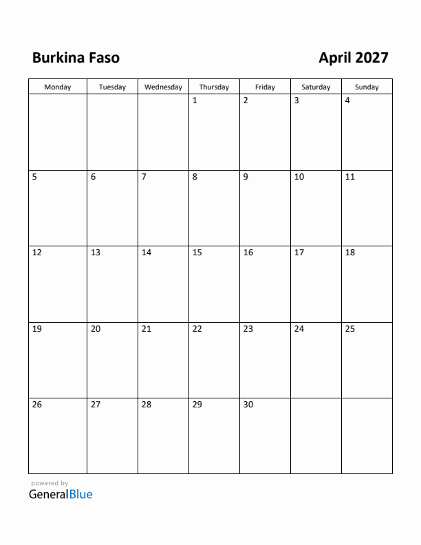 April 2027 Calendar with Burkina Faso Holidays