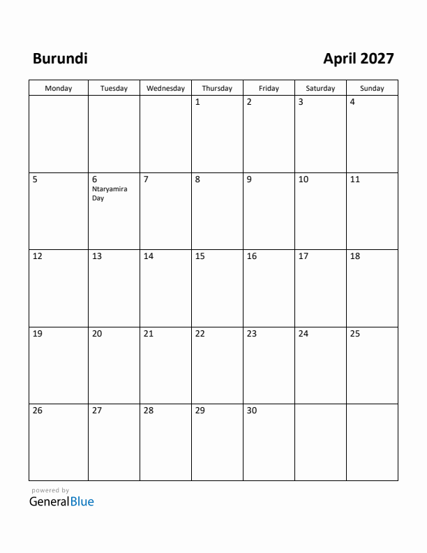 April 2027 Calendar with Burundi Holidays