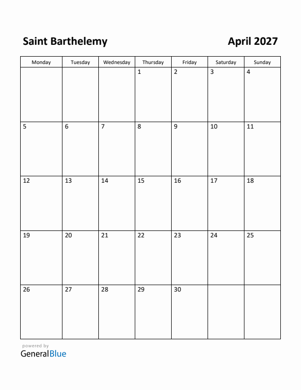 April 2027 Calendar with Saint Barthelemy Holidays