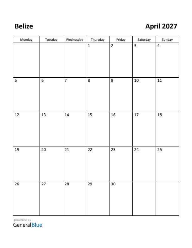 April 2027 Calendar with Belize Holidays