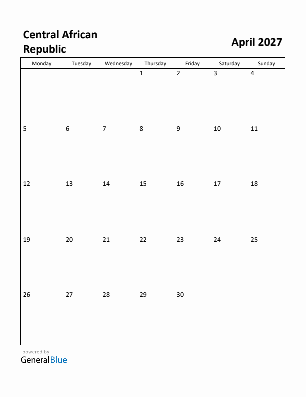 April 2027 Calendar with Central African Republic Holidays