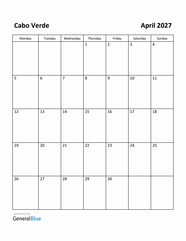 April 2027 Calendar with Cabo Verde Holidays