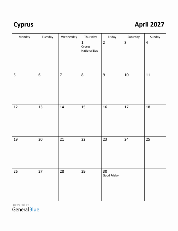 April 2027 Calendar with Cyprus Holidays