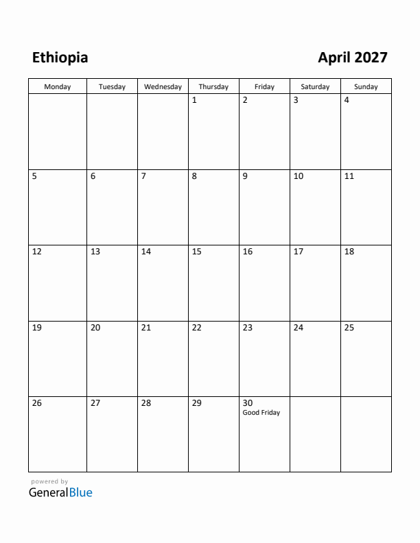 April 2027 Calendar with Ethiopia Holidays